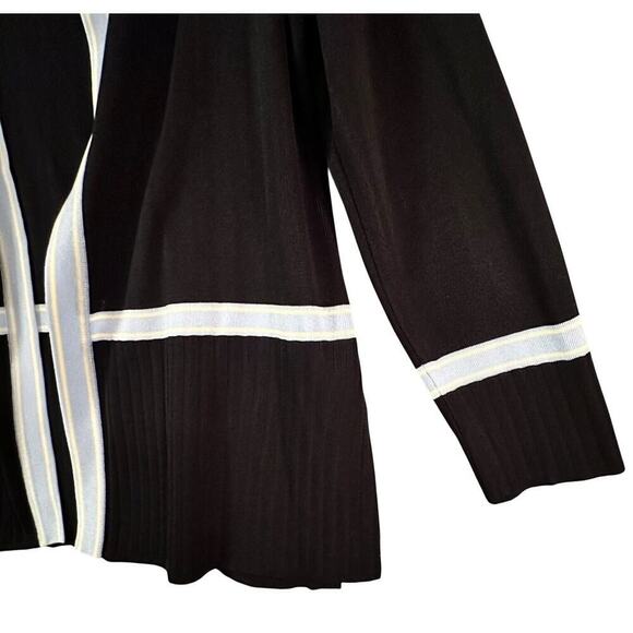 Misook Black Azure Blue Butter Yellow Trim Open Front Long Jacket M Quiet Luxury - Picture 4 of 16